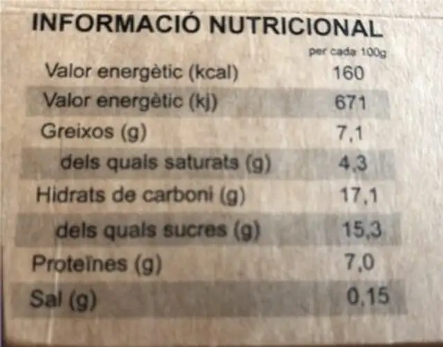 Flam de mató nutrition facts table
