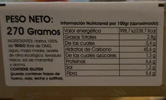 Tostadas de pueblo nutrition facts table