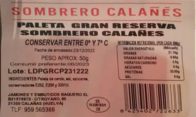 Paleta gran reserva sombrero calañes nutrition facts table