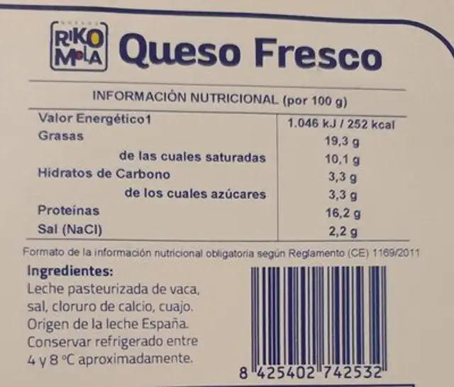 Queso fresco nutrition facts table