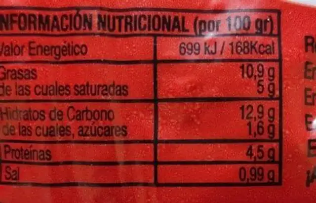 Morcilla de Cervera nutrition facts table
