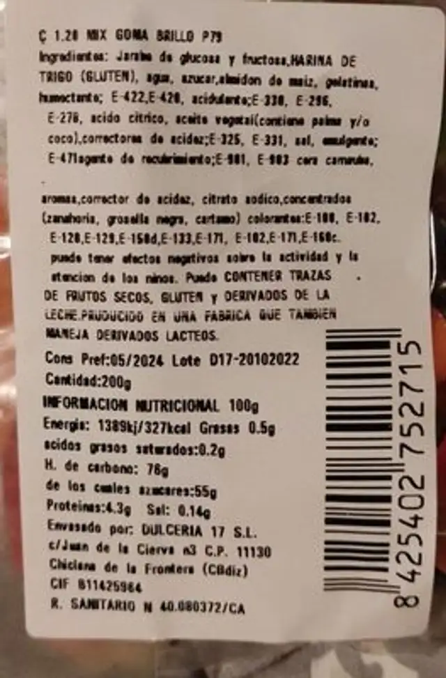 Gominolas nutrition facts table