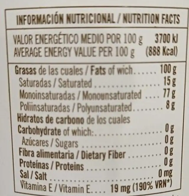 Aceite nutrition facts table