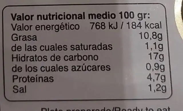 Paella marinera nutrition facts table