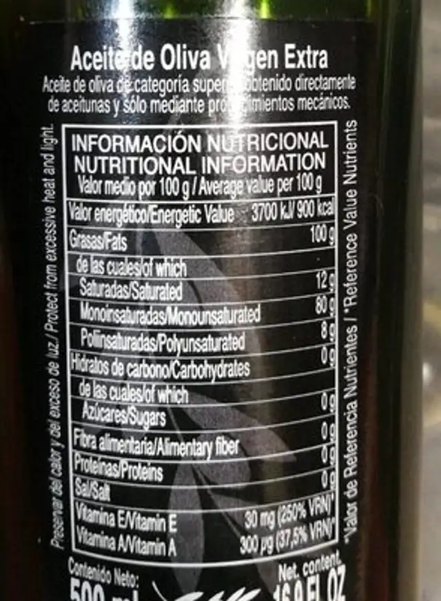 Aceite de oliva virgen extra nutrition facts table