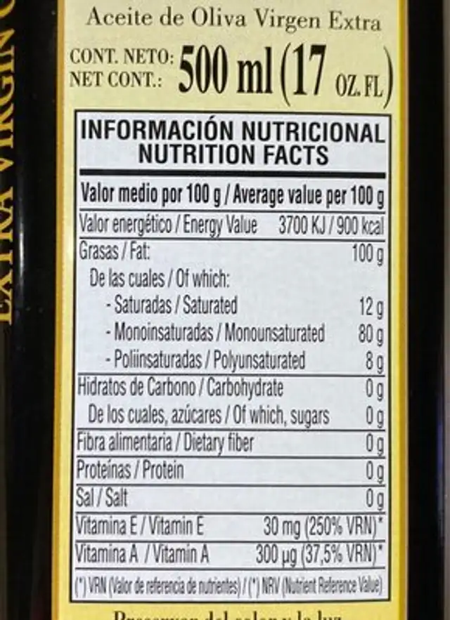 Azeite Ex. Virgen Lata 500ML-OLEO Cazorla nutrition facts table