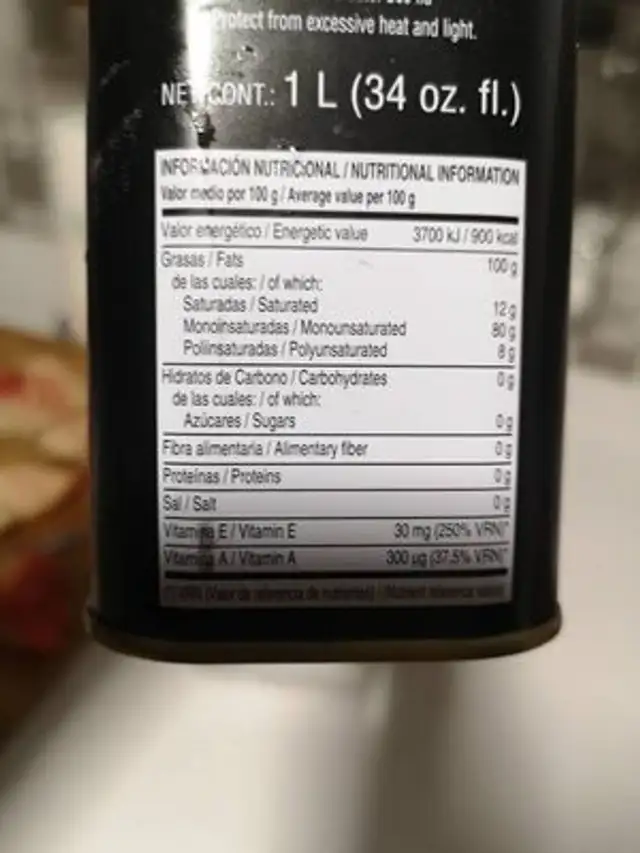 Aceite de oliva nutrition facts table