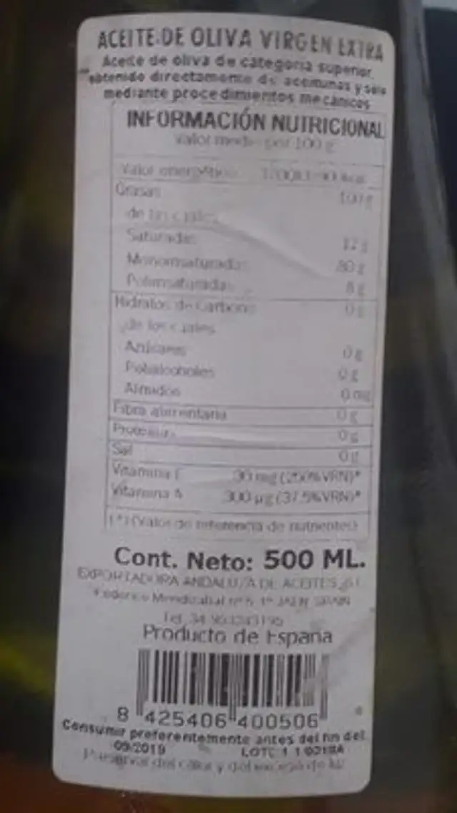 Aceite de oliva Virgen Extra Jarra 500ML-OLEO Cazorla ingredients label