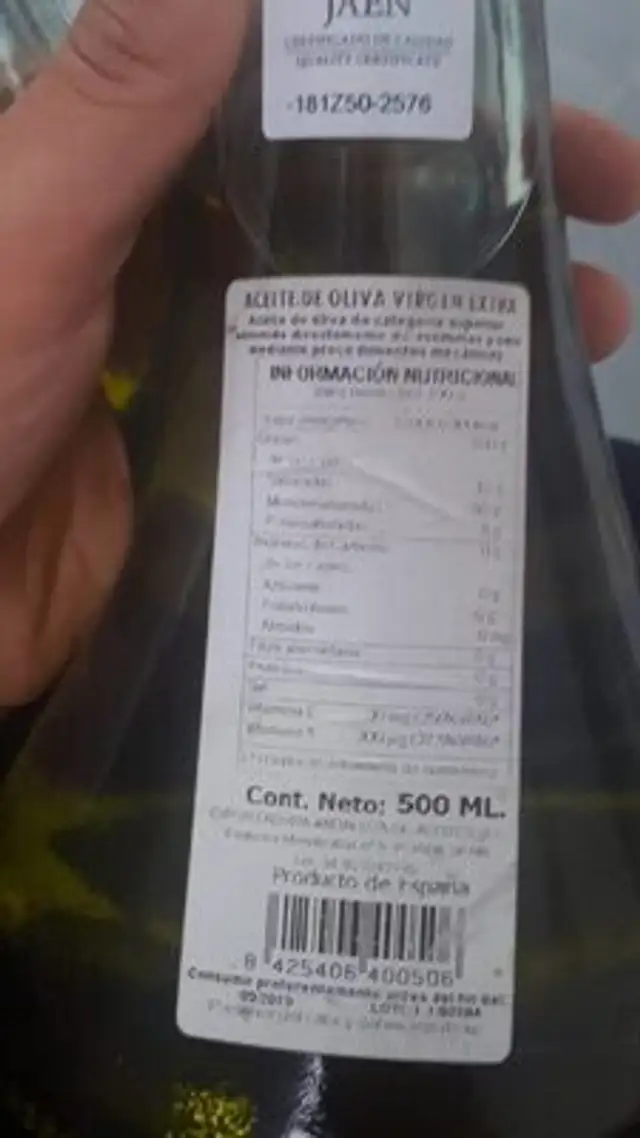 Aceite de oliva Virgen Extra Jarra 500ML-OLEO Cazorla nutrition facts table