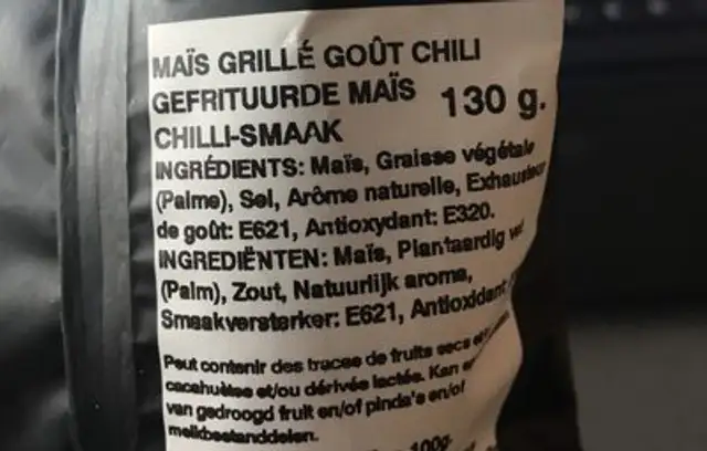 Maïs grillé goût Chili ingredients label