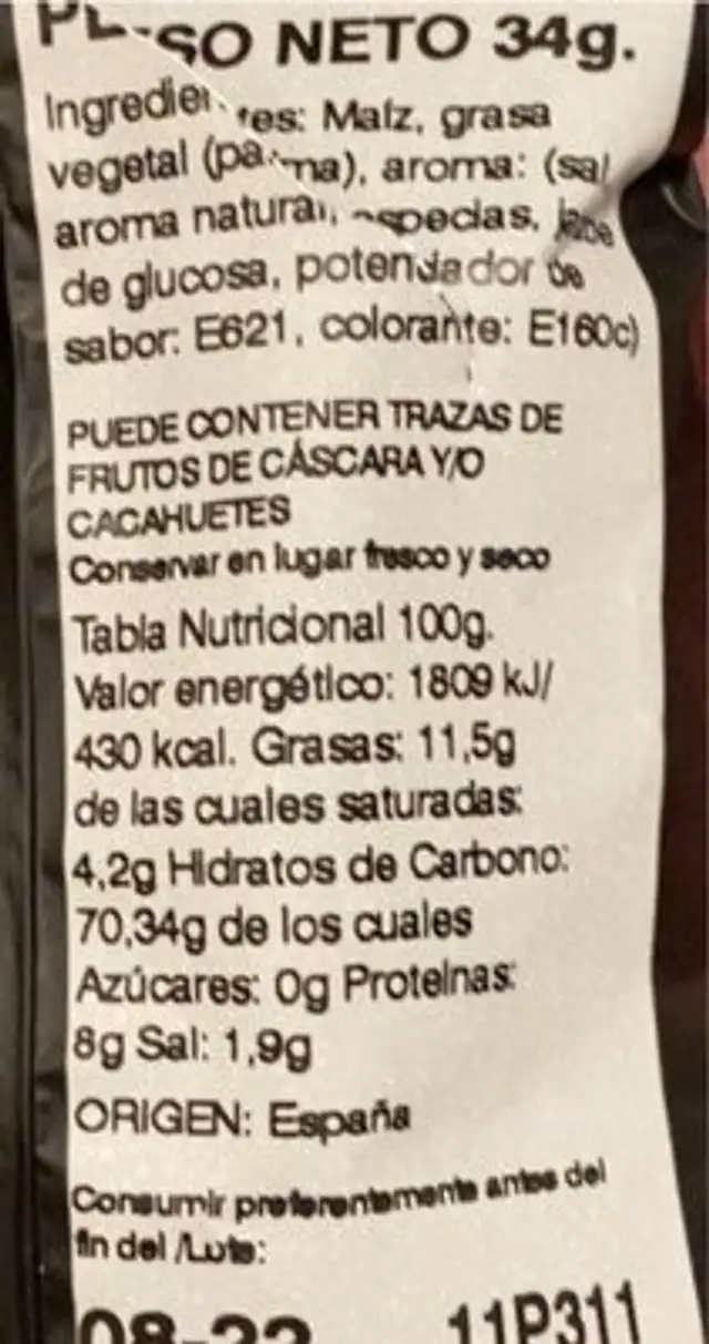 Hot chilli maiz nutrition facts table