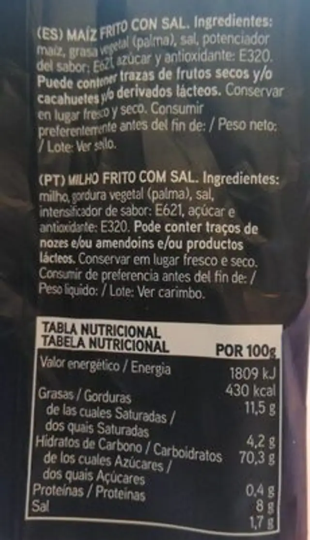 Ke maíz original con sal nutrition facts table