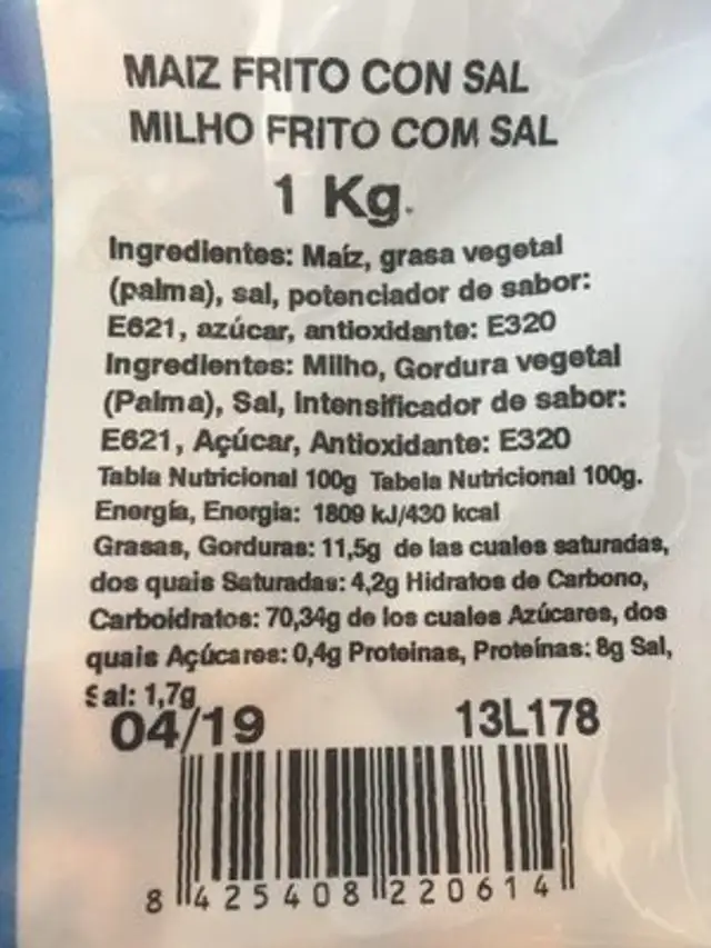 Maïs grillé ingredients label