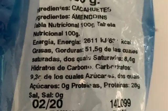 Snaks ingredients label