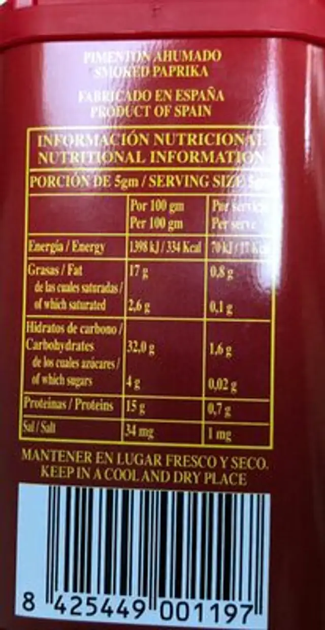 Pimenton de la Vera picante Gualtaminos ingredients label