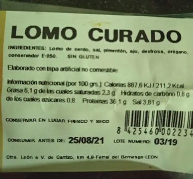 Lomo curado nutrition facts table