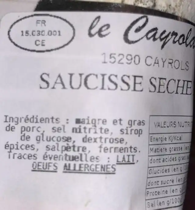 Saucisse seche ingredients label