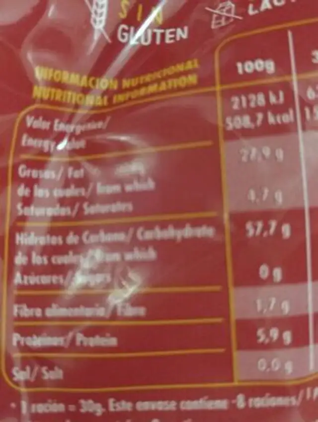 Patatas fritas Sin Gluten bolsa 250 g nutrition facts table