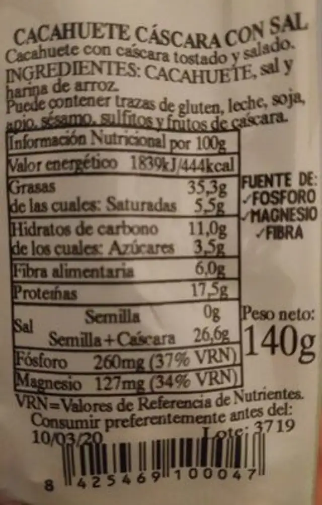 Cacahuetes nutrition facts table