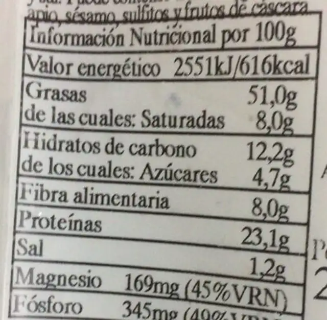 Cacahuete piel con aove nutrition facts table