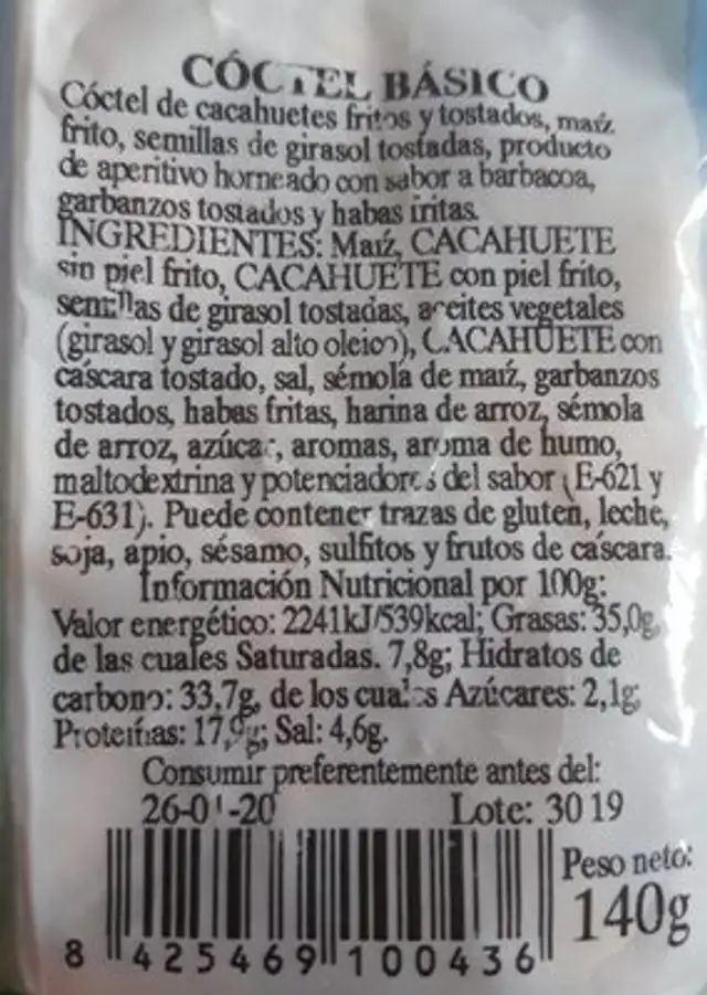 Coctel básico nutrition facts table