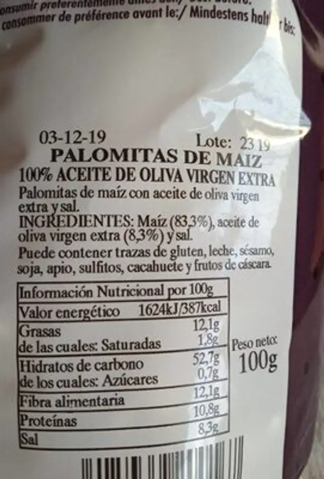 Palomitas de maíz bolsa 100 g nutrition facts table