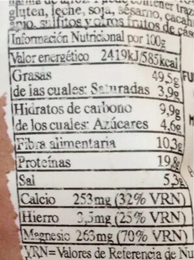 Almendras tostadas nutrition facts table