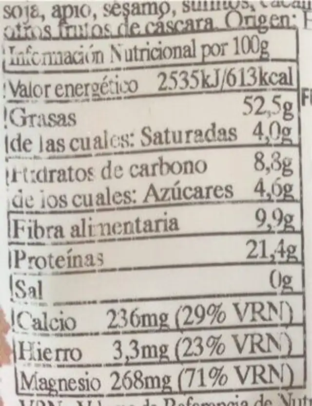 Almendras peladas nutrition facts table