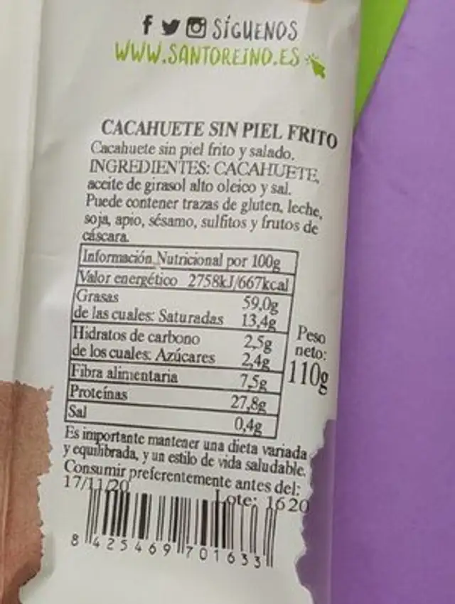 Frutos secos nutrition facts table