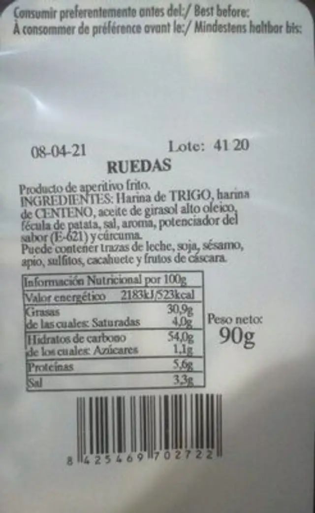 Patatas rueda nutrition facts table