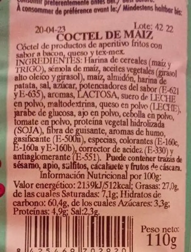 snack crujiente nutrition facts table