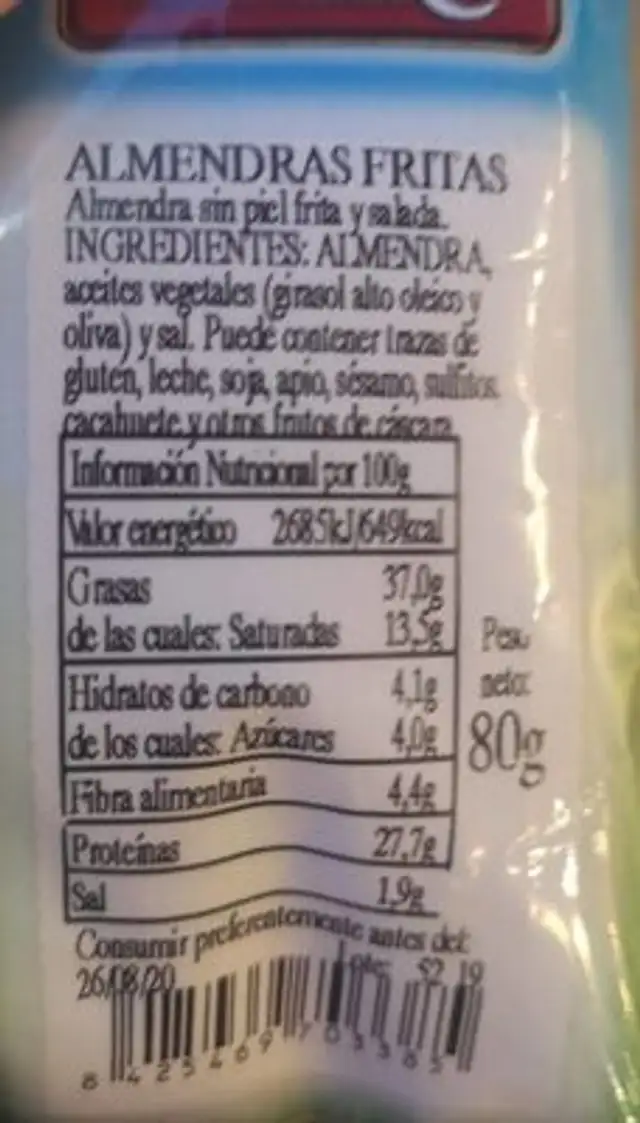 Almendras nutrition facts table