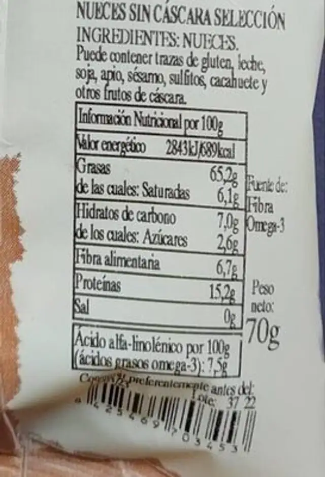 Frutos secos nutrition facts table