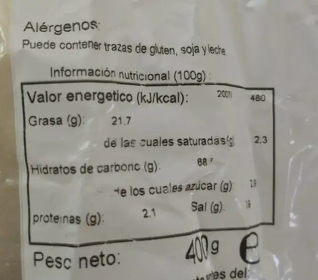 Aros dor nutrition facts table