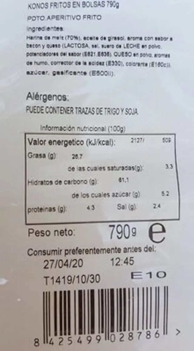 Conos fritos en bolsas 790g nutrition facts table