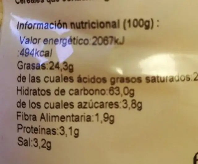 Barritas de patata nutrition facts table