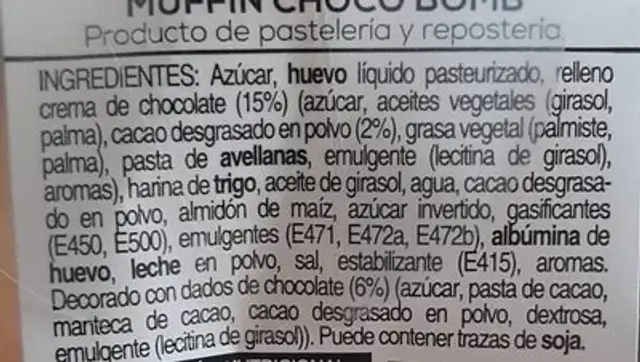 muffin de xocolata nutrition facts table