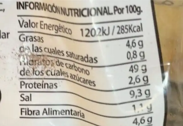 Chapata Cristal nutrition facts table