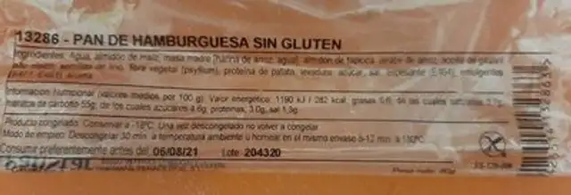 Pan de hamburguesa sin gluten nutrition facts table