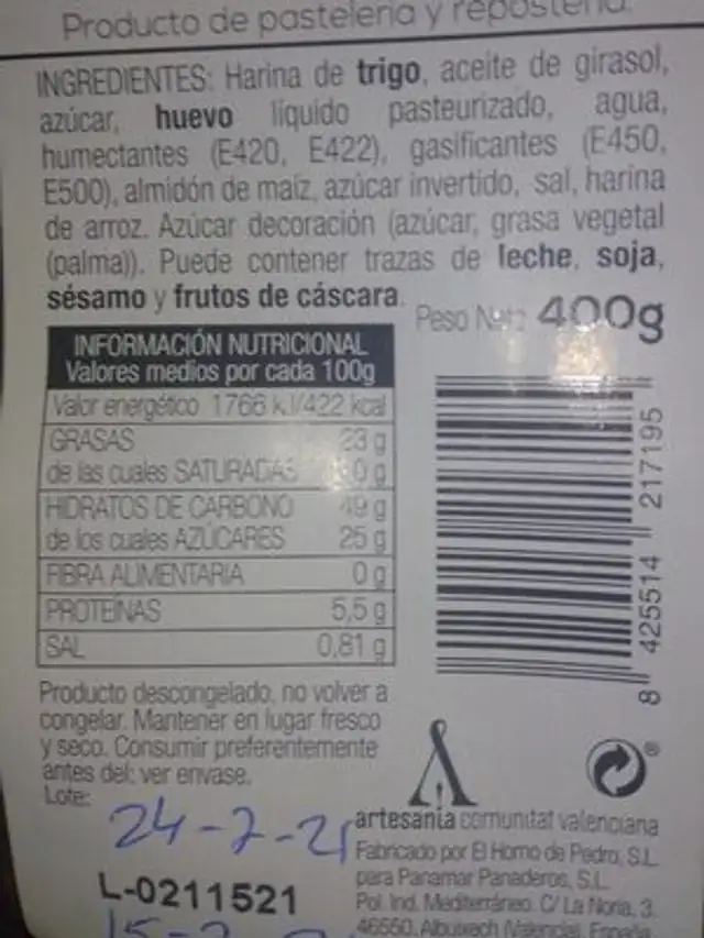 Bizcocho Tradicional nutrition facts table