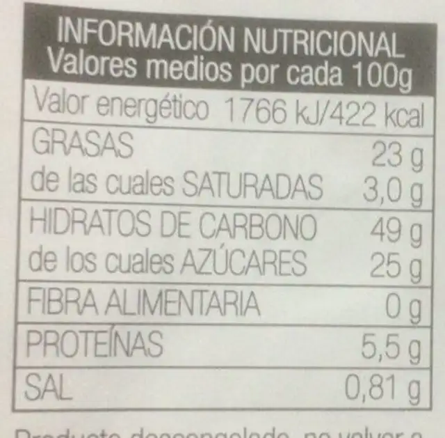 Bizcocho tradicional nutrition facts table