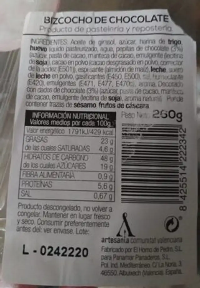 Bizcocho de chocolate nutrition facts table