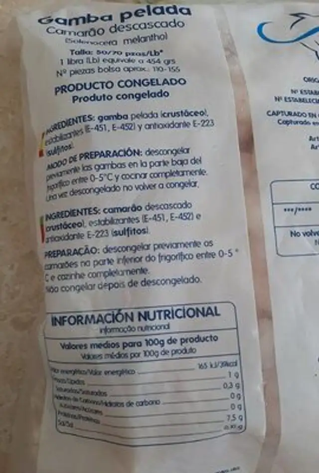 Gamba pelada nutrition facts table