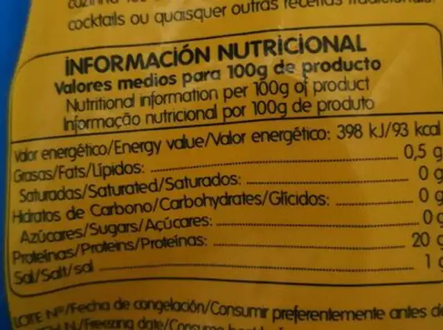 Carabiniero pelado nutrition facts table