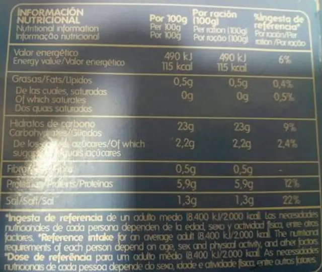 Muslitos de mar nutrition facts table