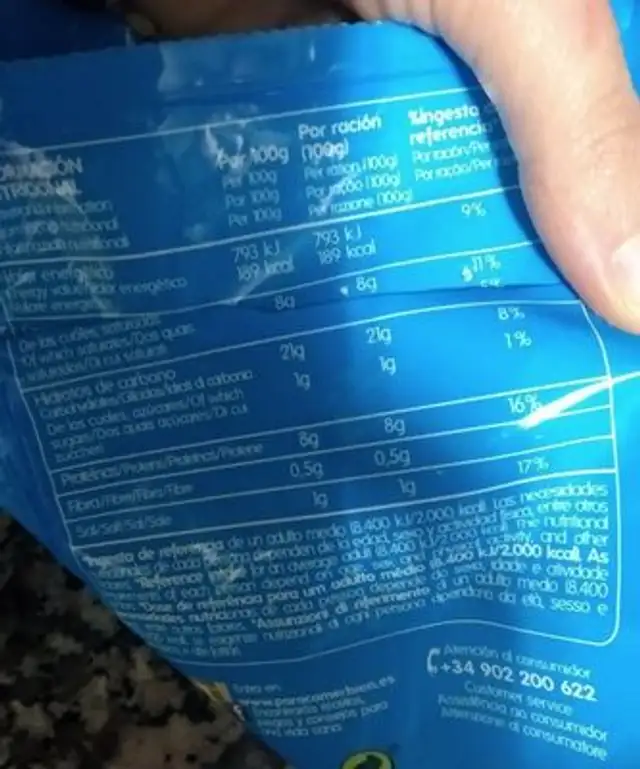 Palitos de pescado nutrition facts table