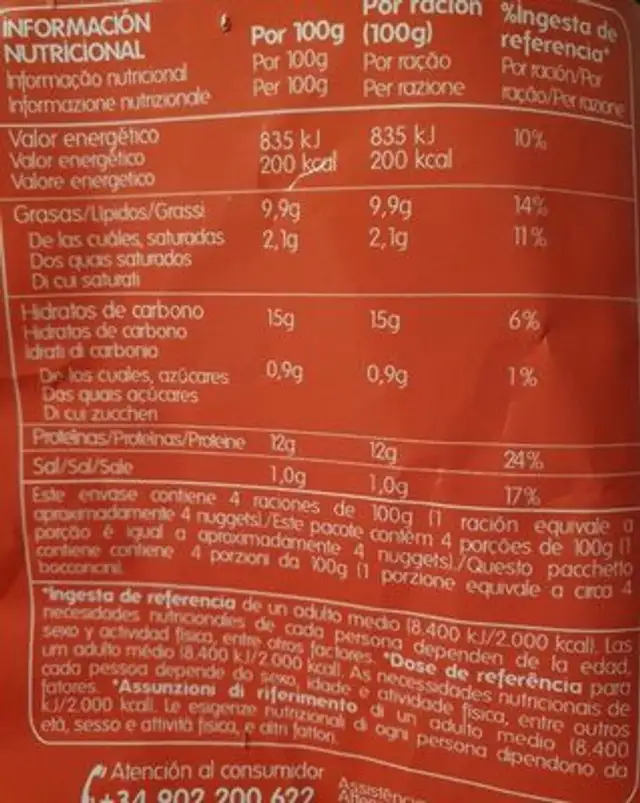 Nuggets de pollo nutrition facts table