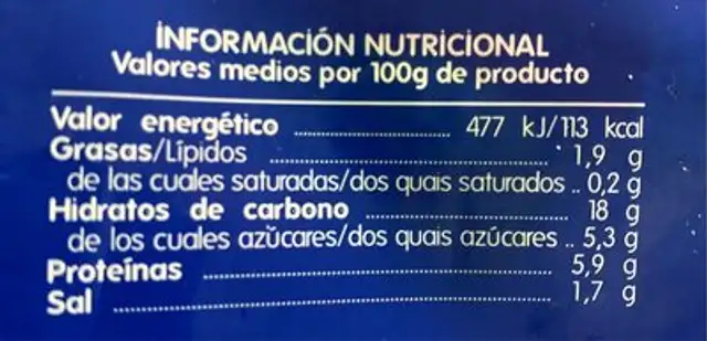 Palitos de mar nutrition facts table