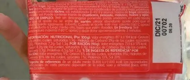 San Jacobo nutrition facts table