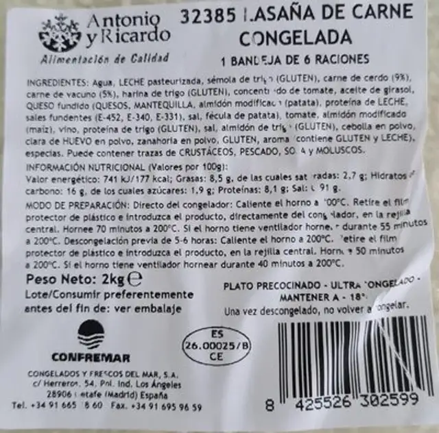 Lasaña de carne congelada nutrition facts table